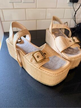 Coach Raffia Platform Sandals with Gold Buckle